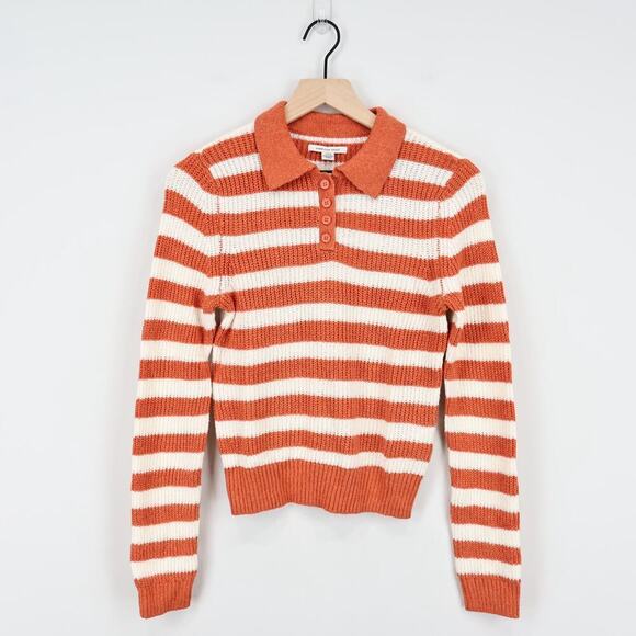 American Eagle Striped Ribbed Knit Long Sleeve Collared Sweater Coral Small NWT - Picture 1 of 7